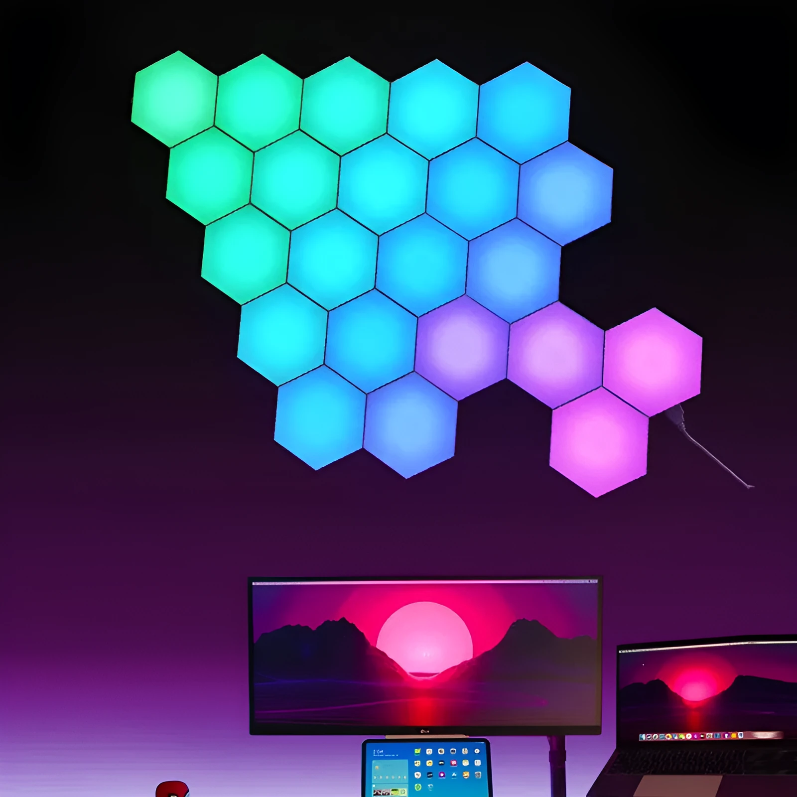 Colourful hexagonal LED wall lamp with remote control displaying rainbow effect on a bedroom wall