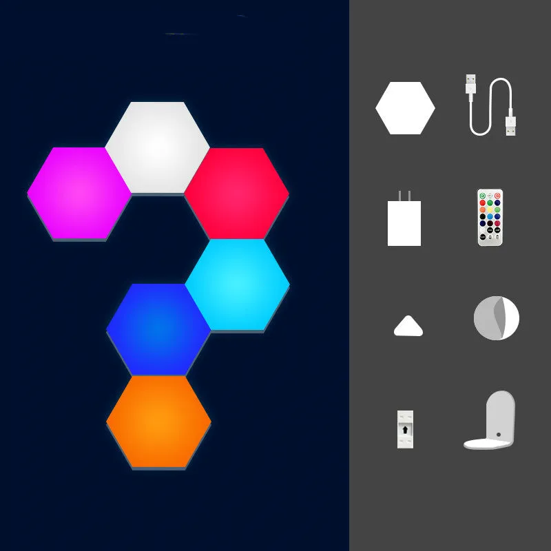 Colourful hexagonal LED wall lamp with remote control displaying rainbow effect on a bedroom wall