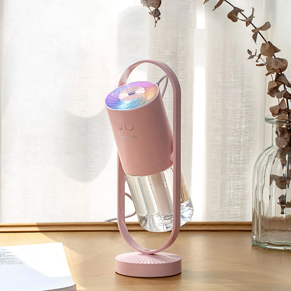 200ml portable USB humidifier with colourful light showing pink, dark blue, sky blue, and white colour options