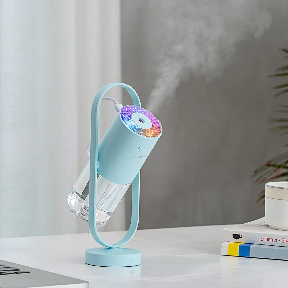 200ml portable USB humidifier with colourful light showing pink, dark blue, sky blue, and white colour options