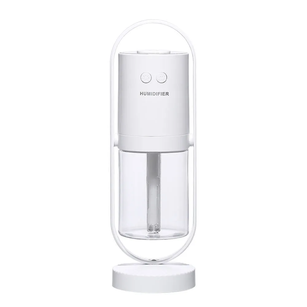 200ml portable USB humidifier with colourful light showing pink, dark blue, sky blue, and white colour options