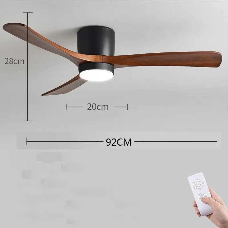 Fan pendant lamp with wooden blades and PVC shade in black, 36 inch, with remote control