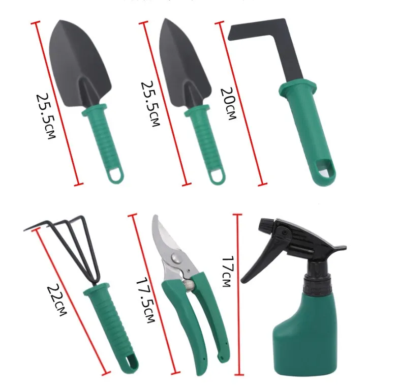 Ten-piece gardening tool set with iron heads and green plastic handles on a wooden background