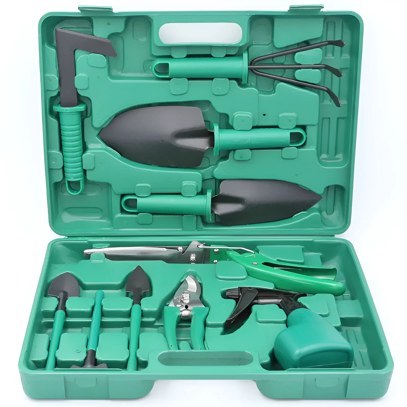 Ten-piece gardening tool set with iron heads and green plastic handles on a wooden background