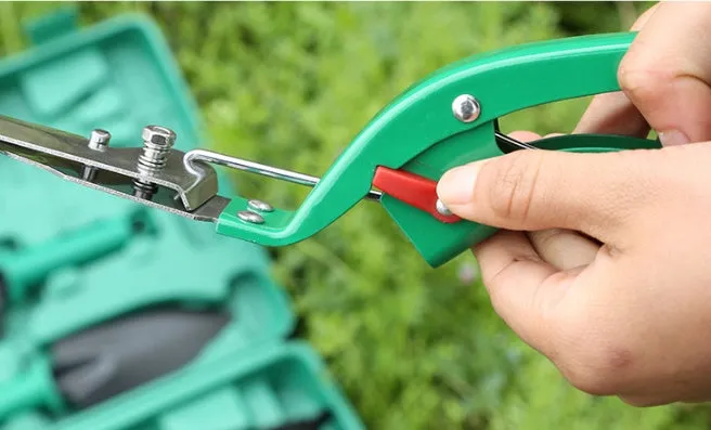 Ten-piece gardening tool set with iron heads and green plastic handles on a wooden background