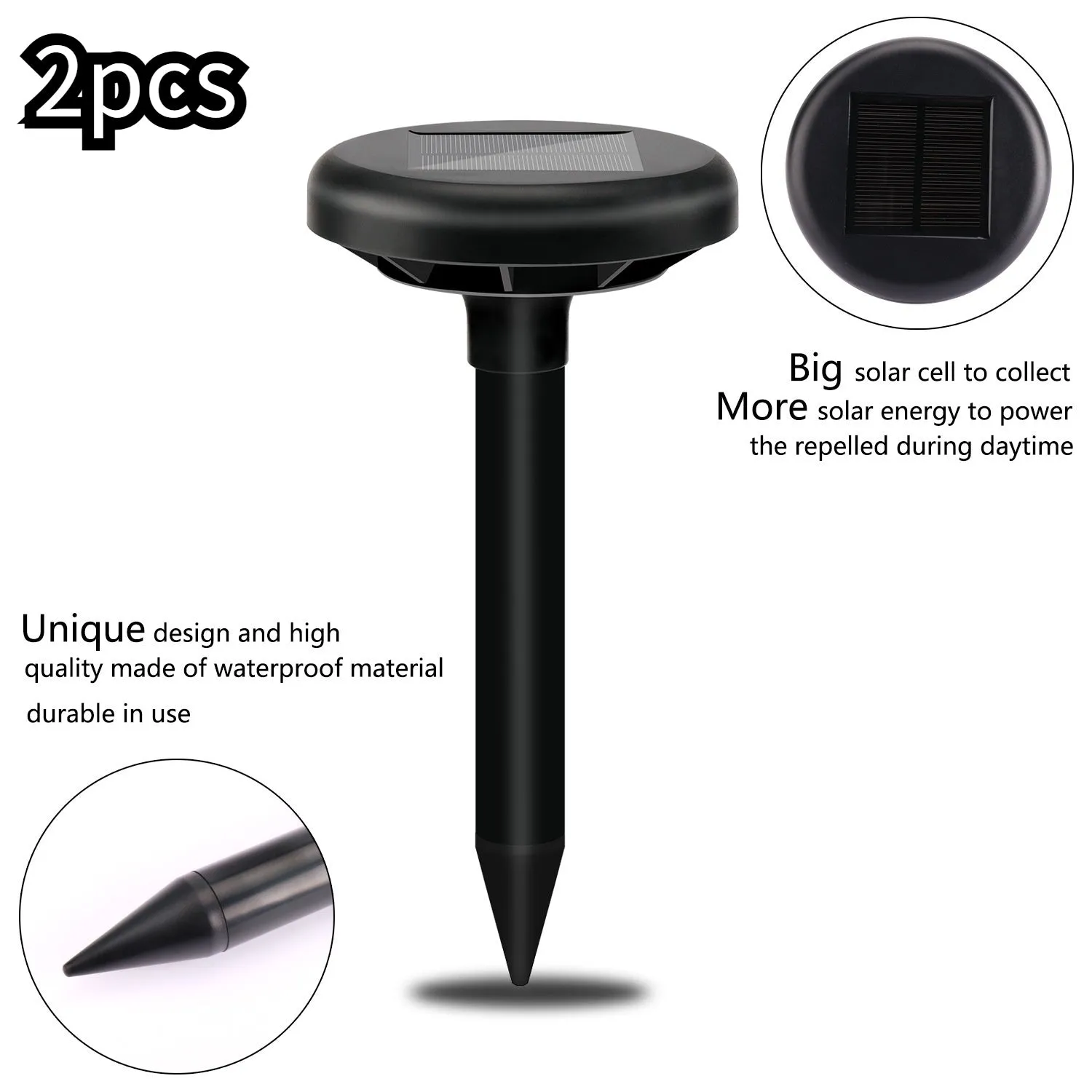 Solar ultrasonic mouse repeller with black solar panel and battery unit on grassy ground