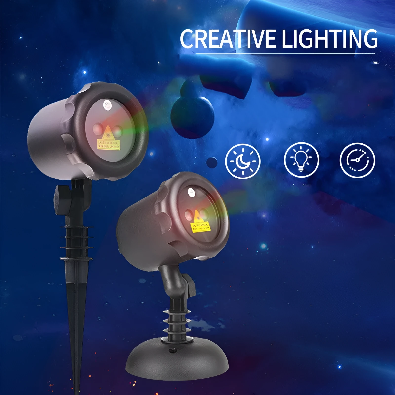 Christmas laser projector projecting red and green laser firefly patterns onto a garden tree at night, IP65 outdoor use