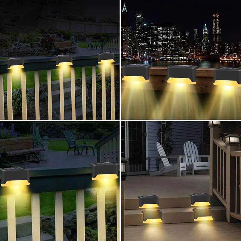 Black solar stair light with ABS housing on outdoor steps, 75x44x42mm IP55 rated