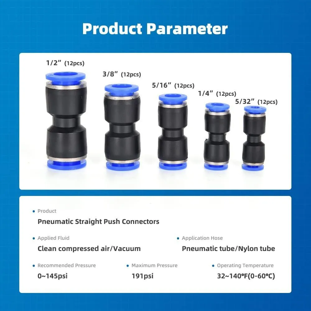 60-piece pneumatic push-in connector kit with R1/4 and R1/2 fittings for air tool systems