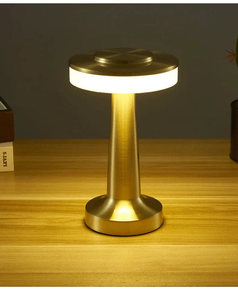 Wireless rechargeable touch sensor mushroom table lamp in gold with acrylic shade