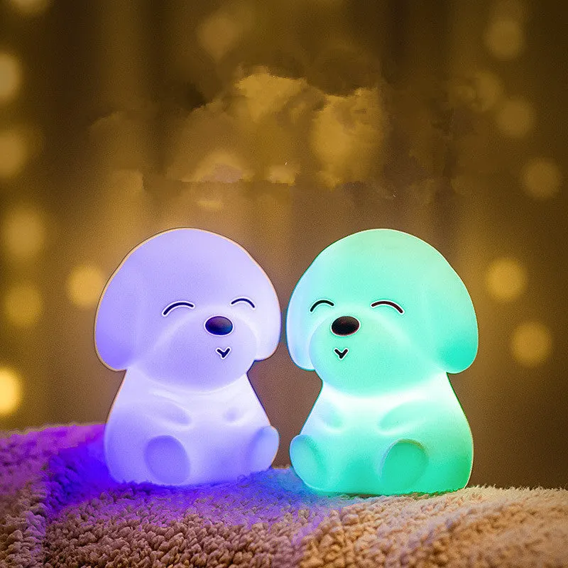 White LED puppy night light with silicone shade on a table in a corridor for soft glow