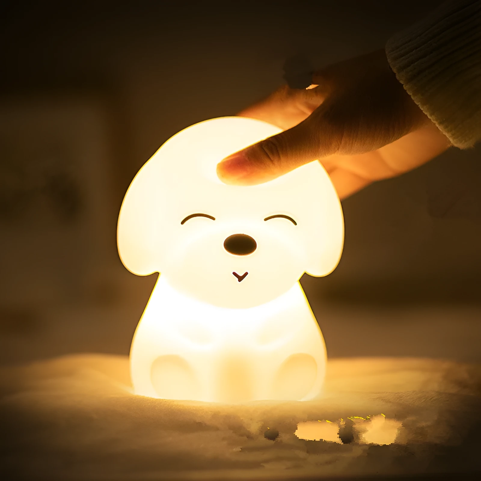 White LED puppy night light with silicone shade on a table in a corridor for soft glow