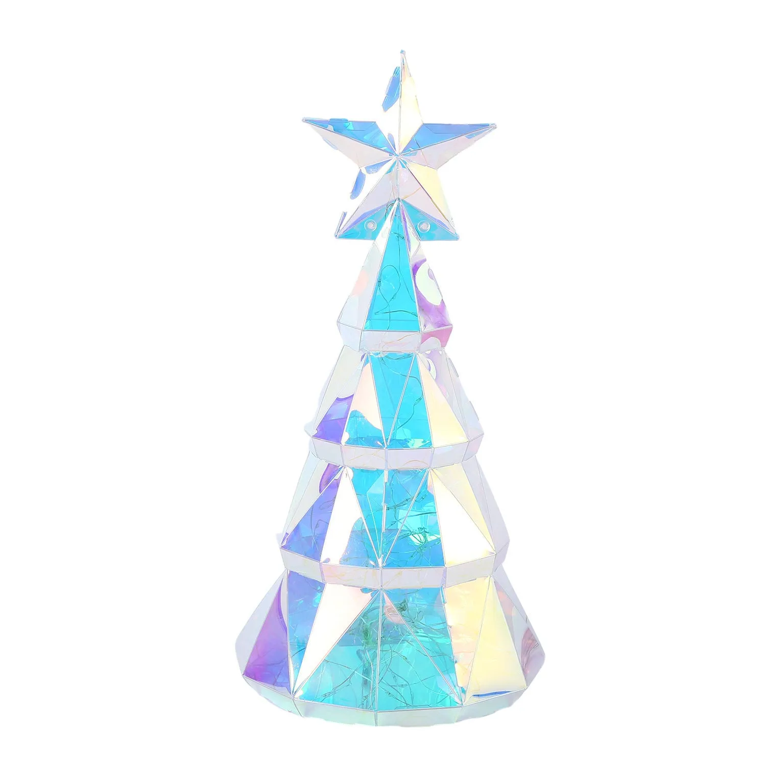 Colourful cartoon-style Christmas tree LED light decoration measuring 20cm high.