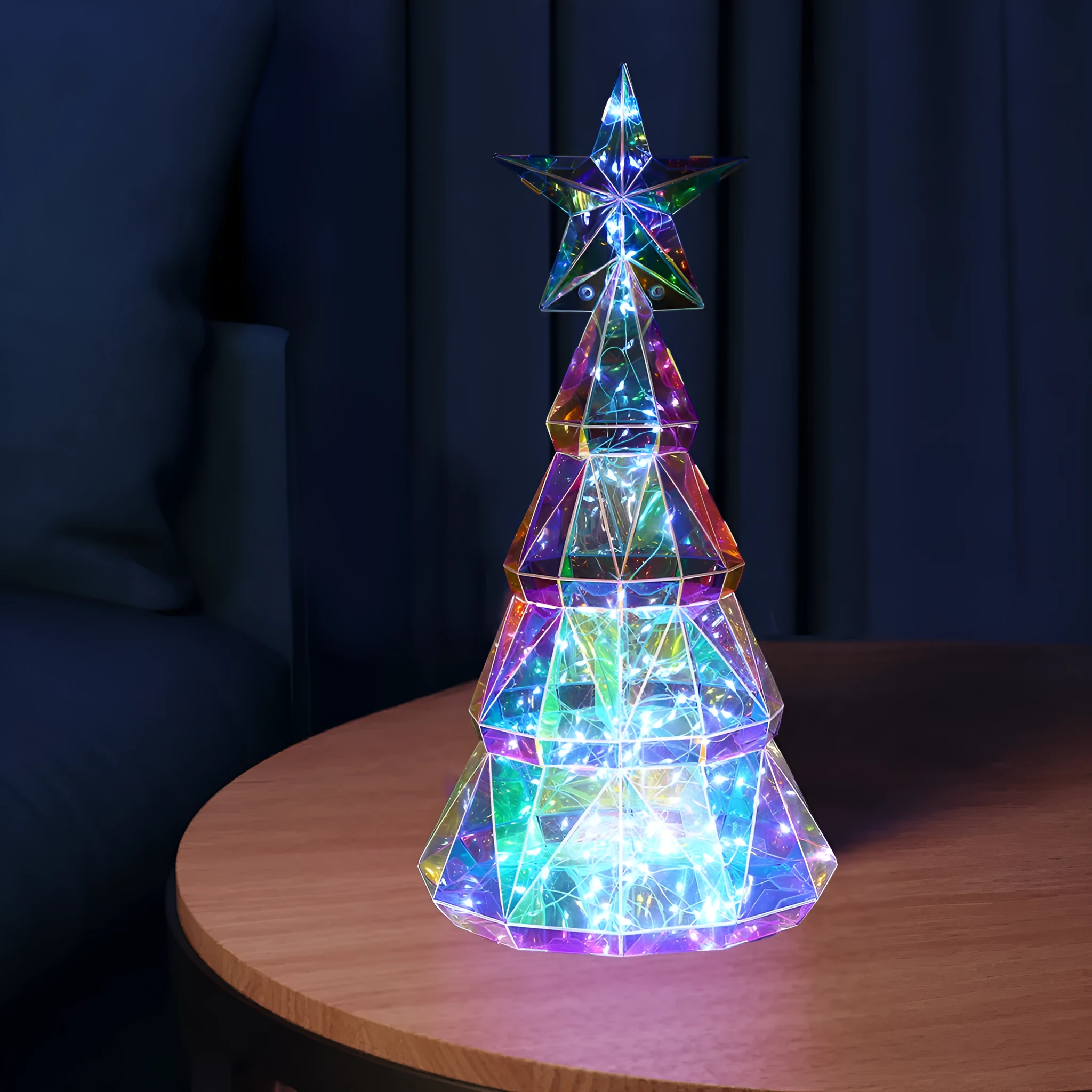 Colourful cartoon-style Christmas tree LED light decoration measuring 20cm high.