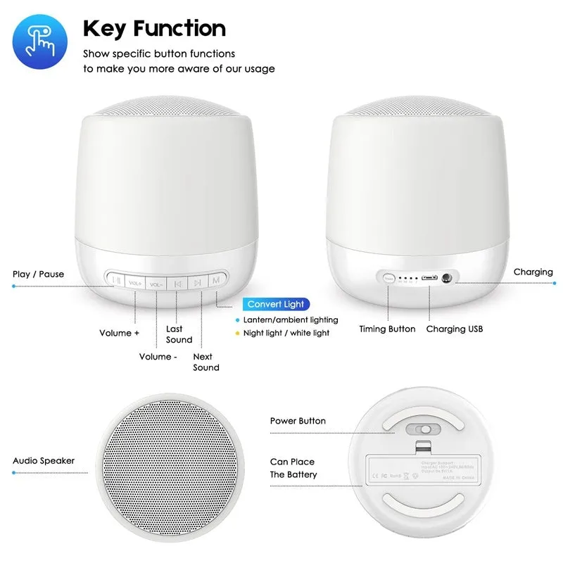 Silver Baby Rest Sound Machine with touch-control mood light and 28 non-looping sounds
