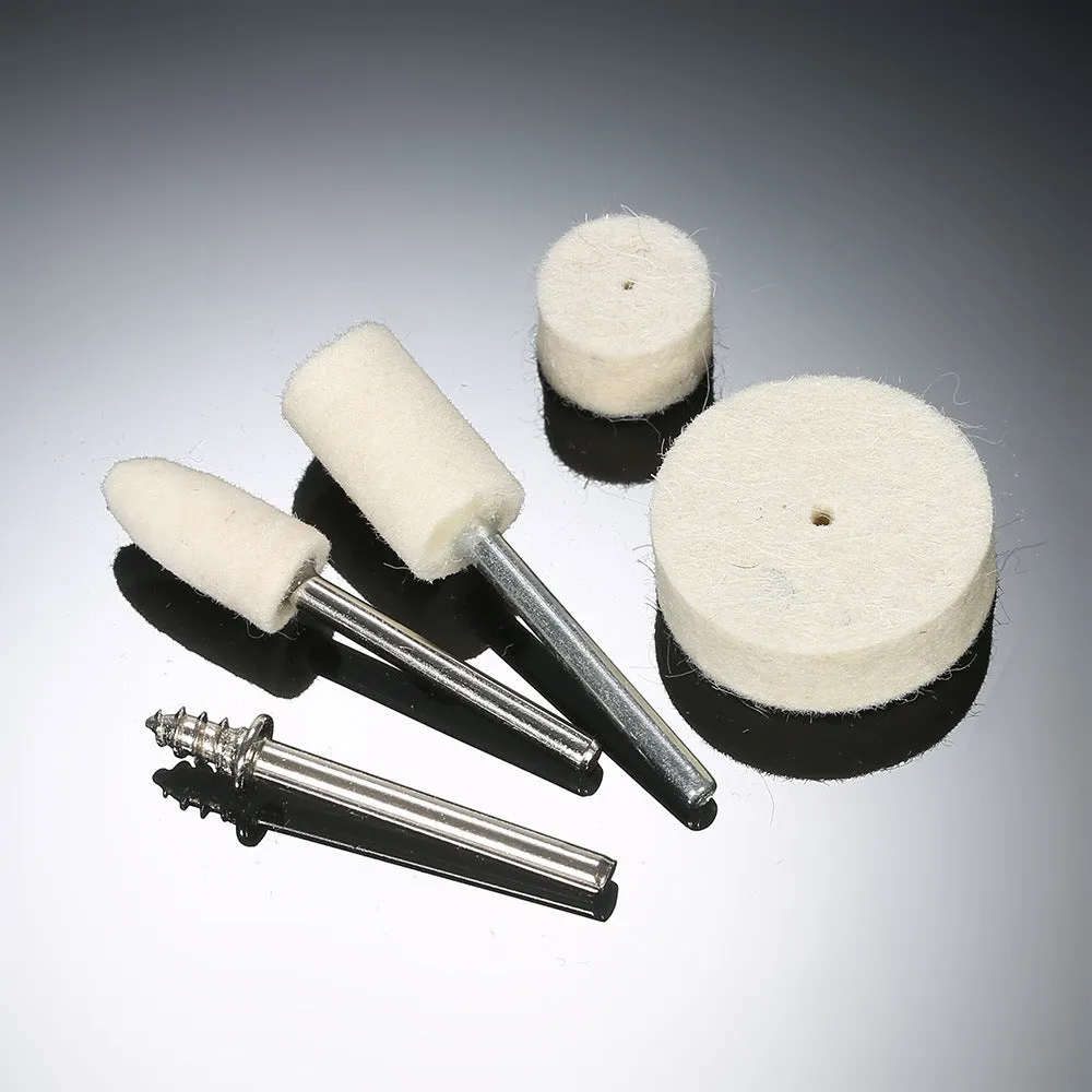 White wool and felt polishing wheel kit with 129 pieces including handles and abrasive wheels for rotary tools