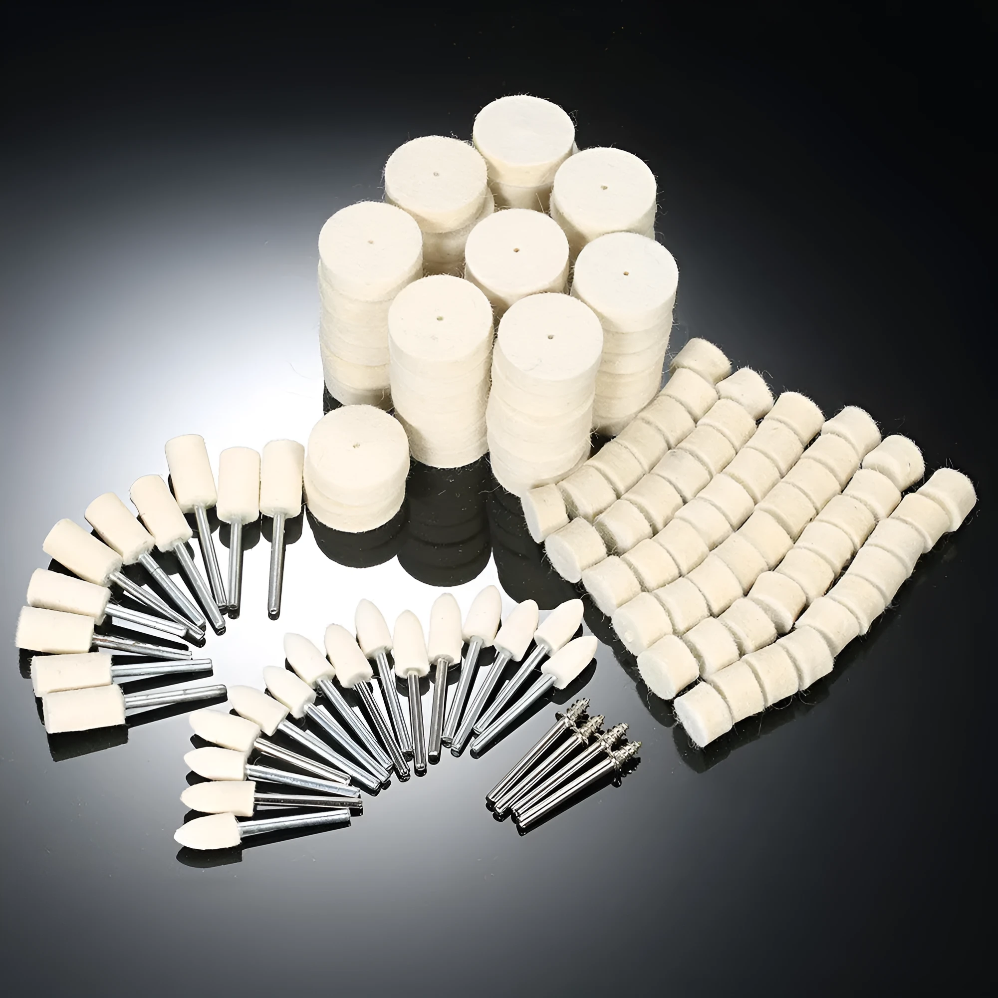 White wool and felt polishing wheel kit with 129 pieces including handles and abrasive wheels for rotary tools