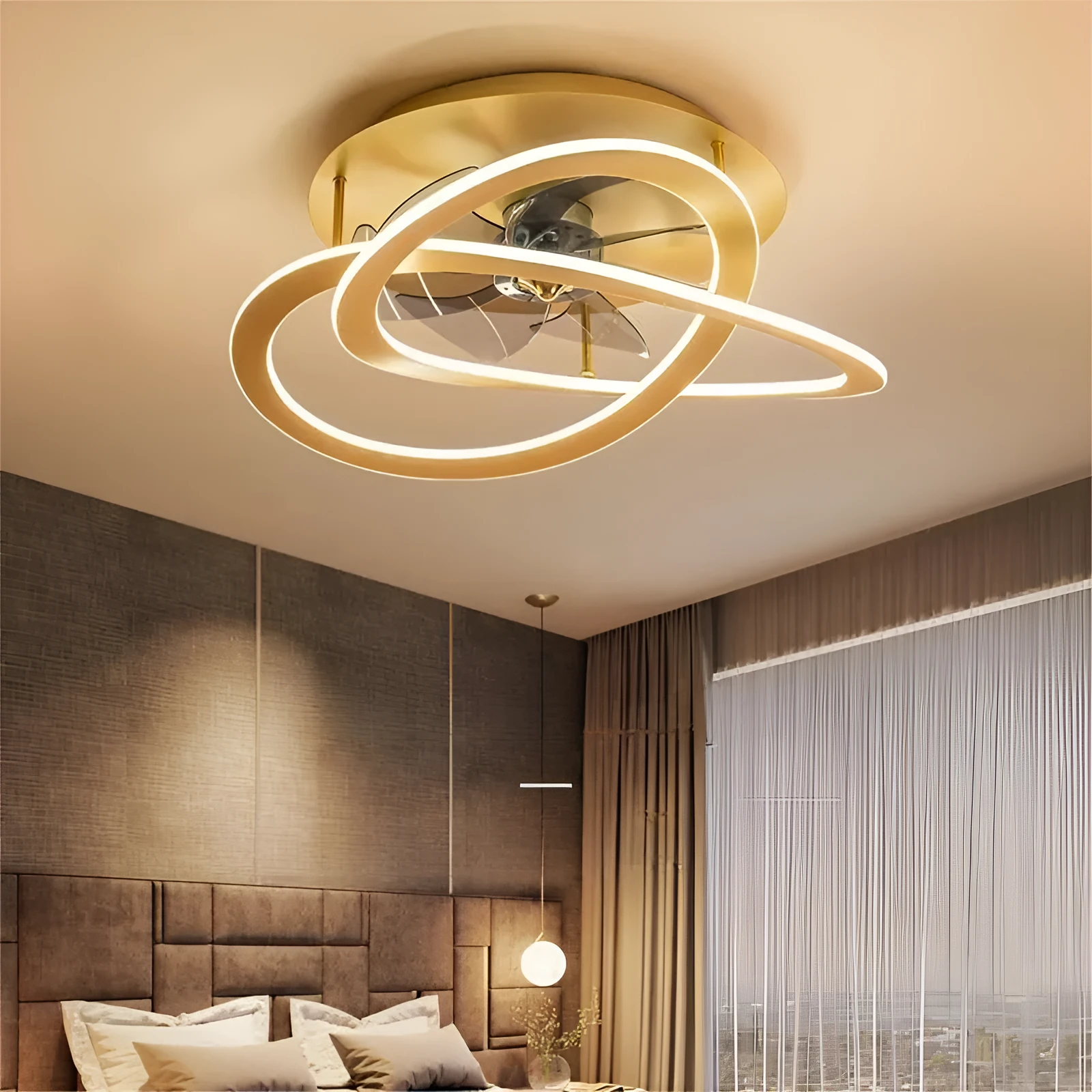 Modern simplicity ceiling fan lamp with remote control in black finish, flush mounted, 1050-1199mm diameter