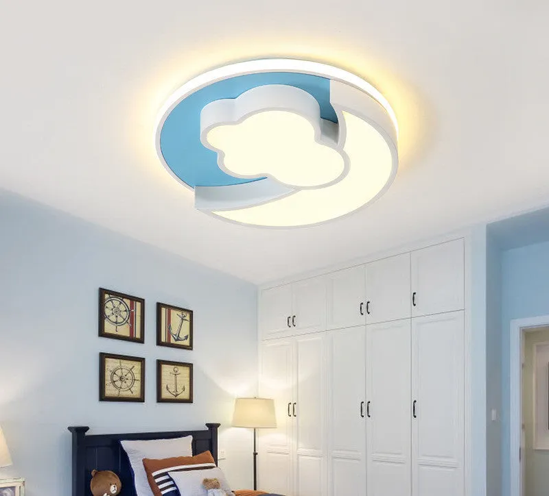 Nordic children's LED ceiling lamp wrought iron rainbow cloud design blue tricolour light 48cm