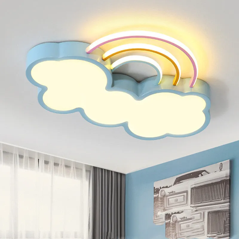Nordic children's LED ceiling lamp wrought iron rainbow cloud design blue tricolour light 48cm