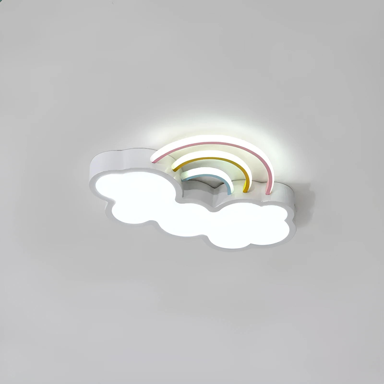 Nordic children's LED ceiling lamp wrought iron rainbow cloud design blue tricolour light 48cm