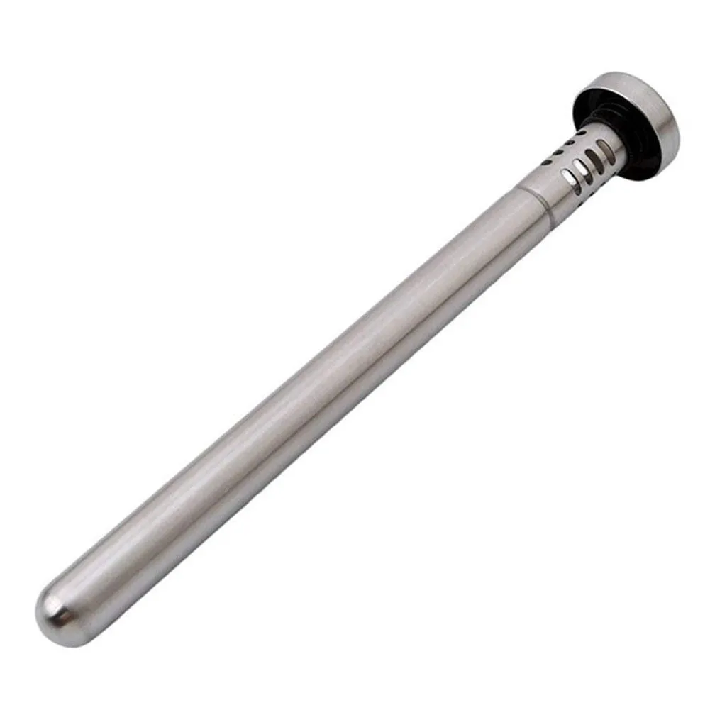 Stainless steel wine cooling rod and pourer in silver, with a bottle of red wine