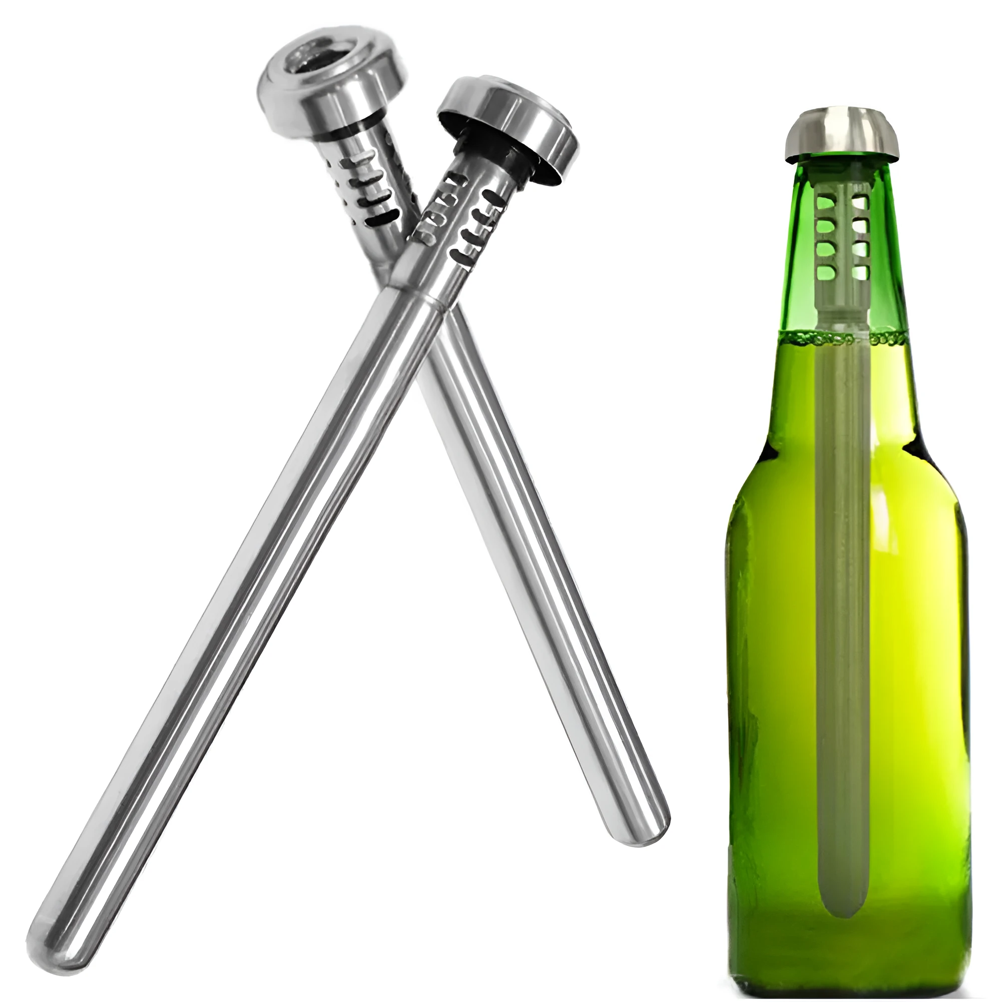 Stainless steel wine cooling rod and pourer in silver, with a bottle of red wine