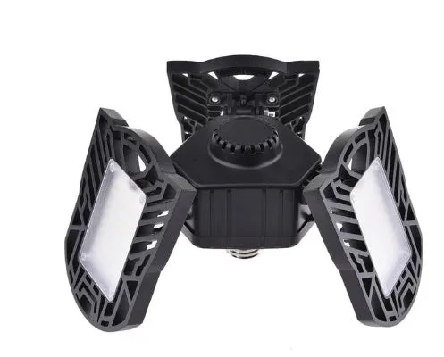 60W 6000 lumen deformable garage light with three adjustable heads, aluminium housing, E27 connector