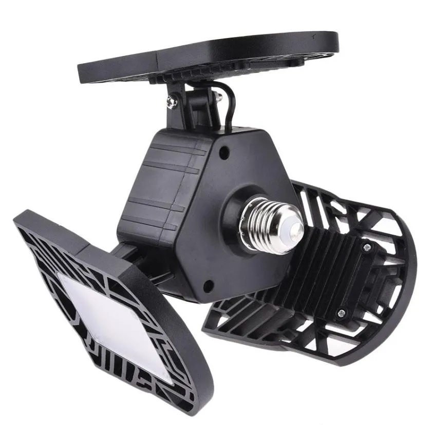60W 6000 lumen deformable garage light with three adjustable heads, aluminium housing, E27 connector