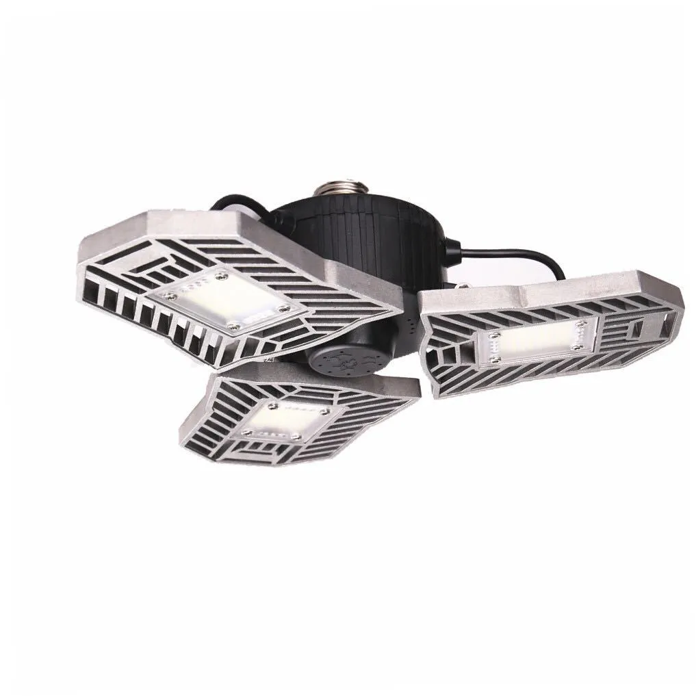 60W 6000 lumen deformable garage light with three adjustable heads, aluminium housing, E27 connector