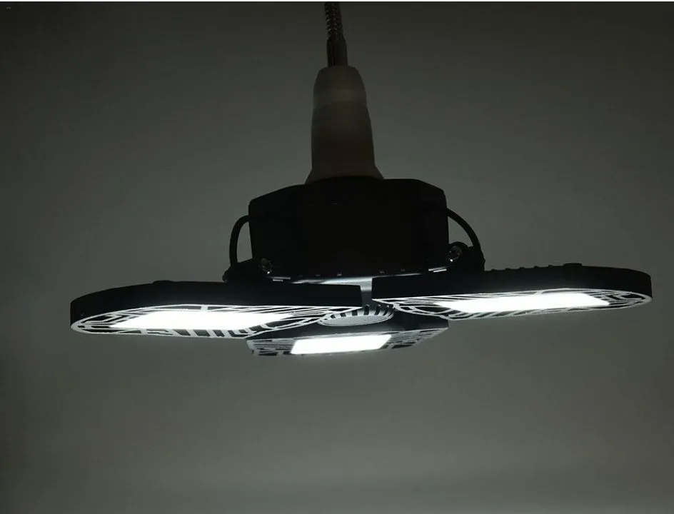 60W 6000 lumen deformable garage light with three adjustable heads, aluminium housing, E27 connector