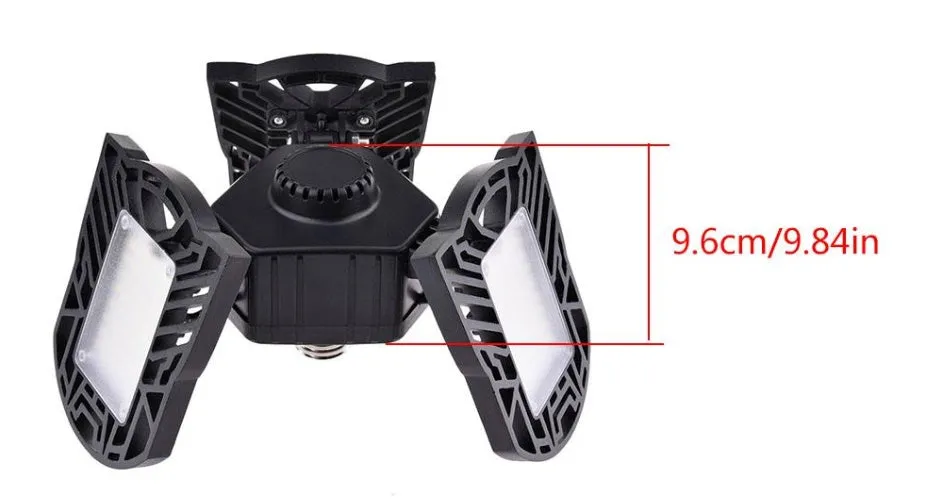 60W 6000 lumen deformable garage light with three adjustable heads, aluminium housing, E27 connector