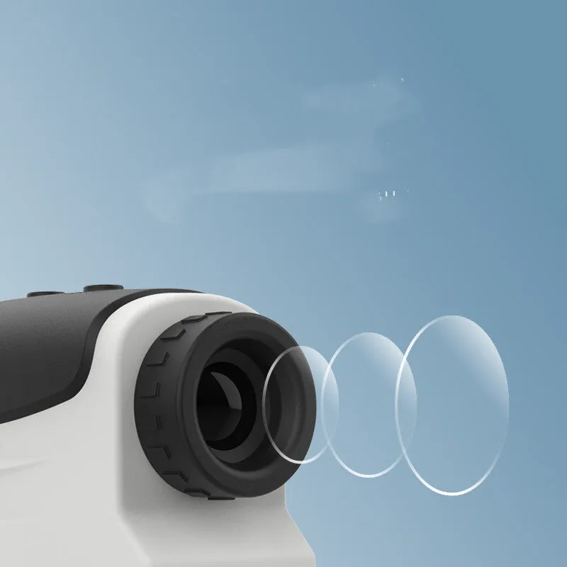 Handheld laser rangefinder distance measuring instrument for golf and outdoor use.