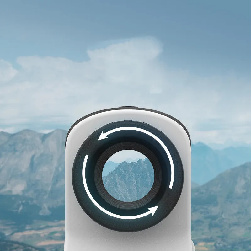 Handheld laser rangefinder distance measuring instrument for golf and outdoor use.