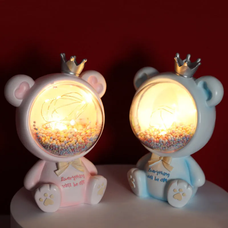 Girly crown bear night light with star light in resin, Space Bear Pink colour, cartoon style
