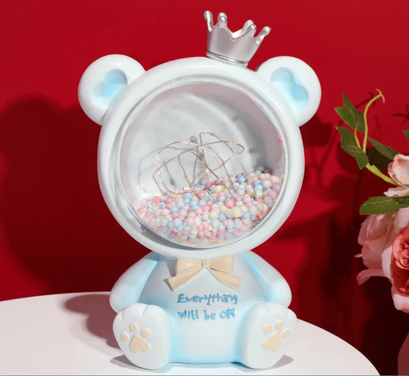 Girly crown bear night light with star light in resin, Space Bear Pink colour, cartoon style