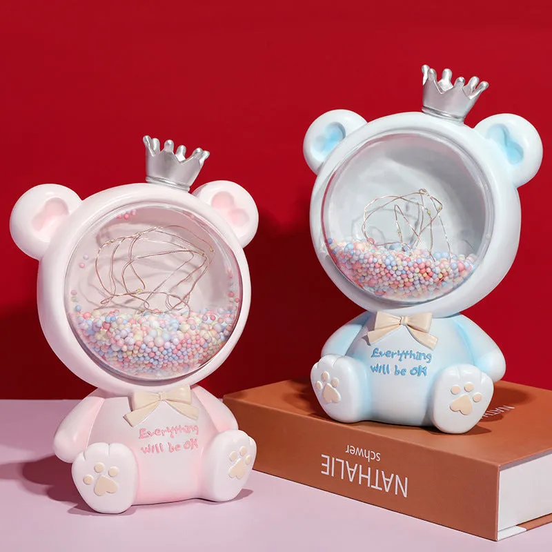 Girly crown bear night light with star light in resin, Space Bear Pink colour, cartoon style