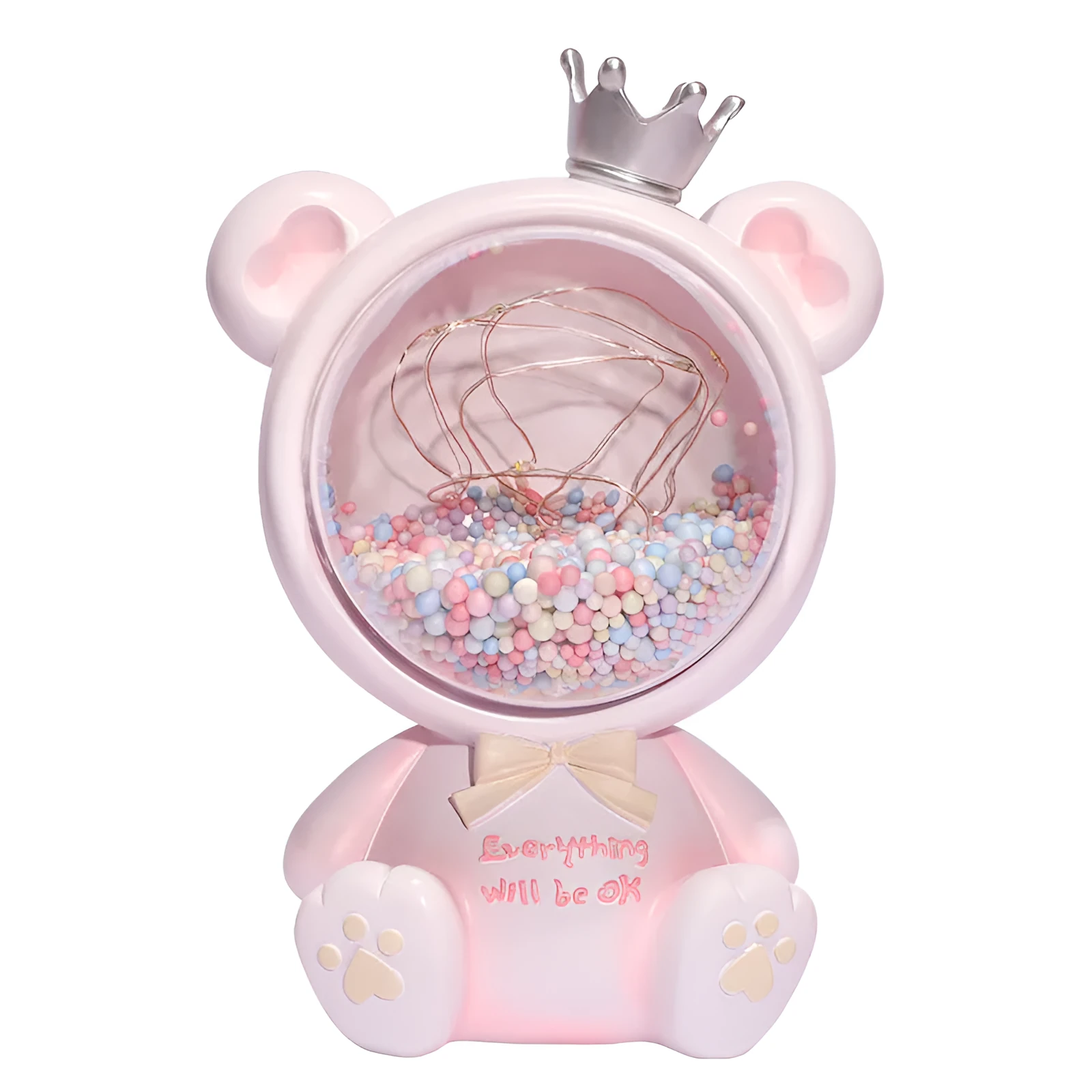 Girly crown bear night light with star light in resin, Space Bear Pink colour, cartoon style
