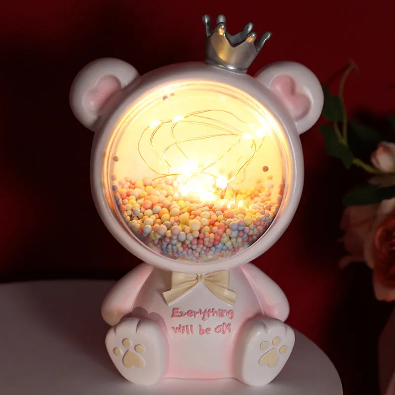 Girly crown bear night light with star light in resin, Space Bear Pink colour, cartoon style