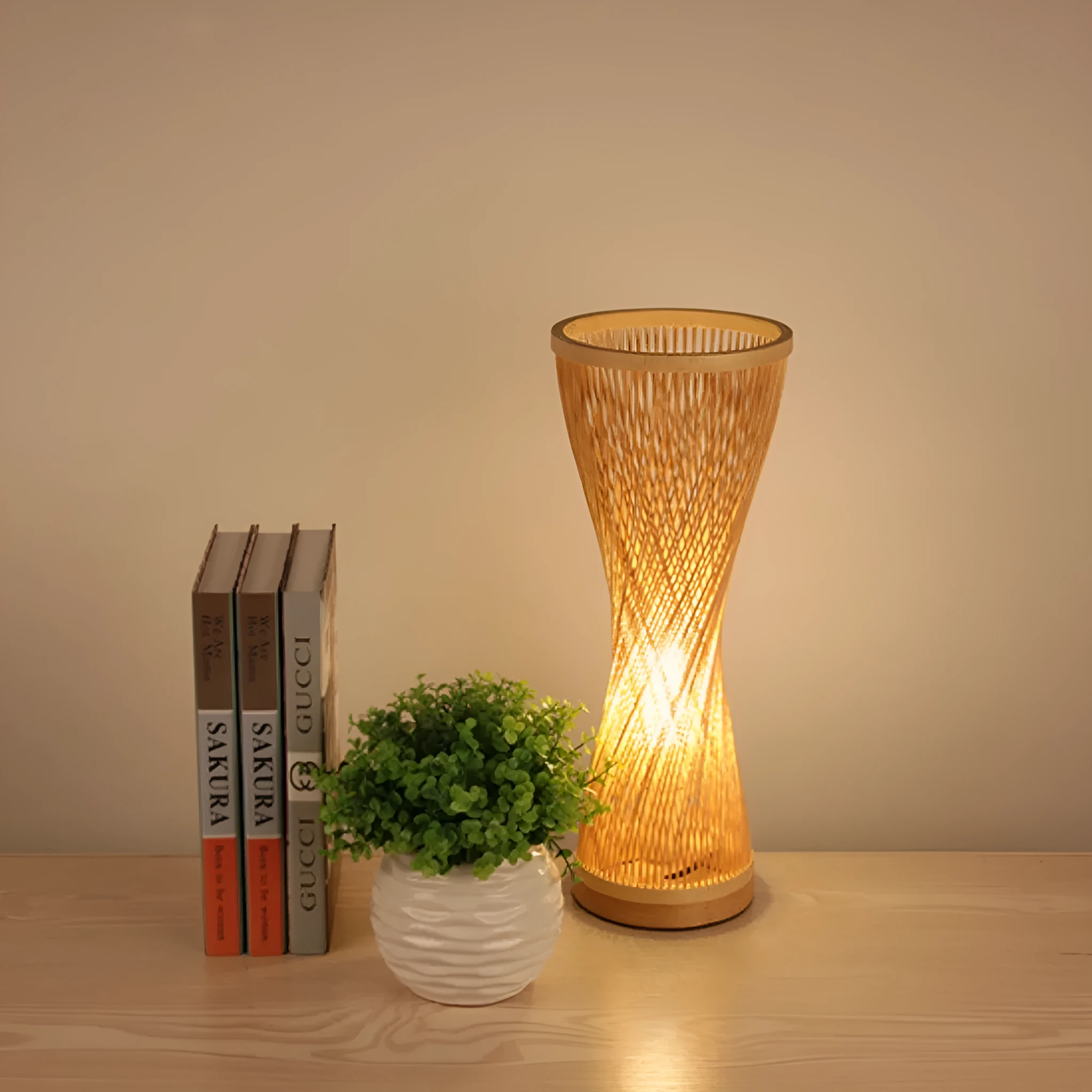 Creative Japanese bedside lamp with hand-woven bamboo shade, 17cm diameter, 40cm height, on a wooden table