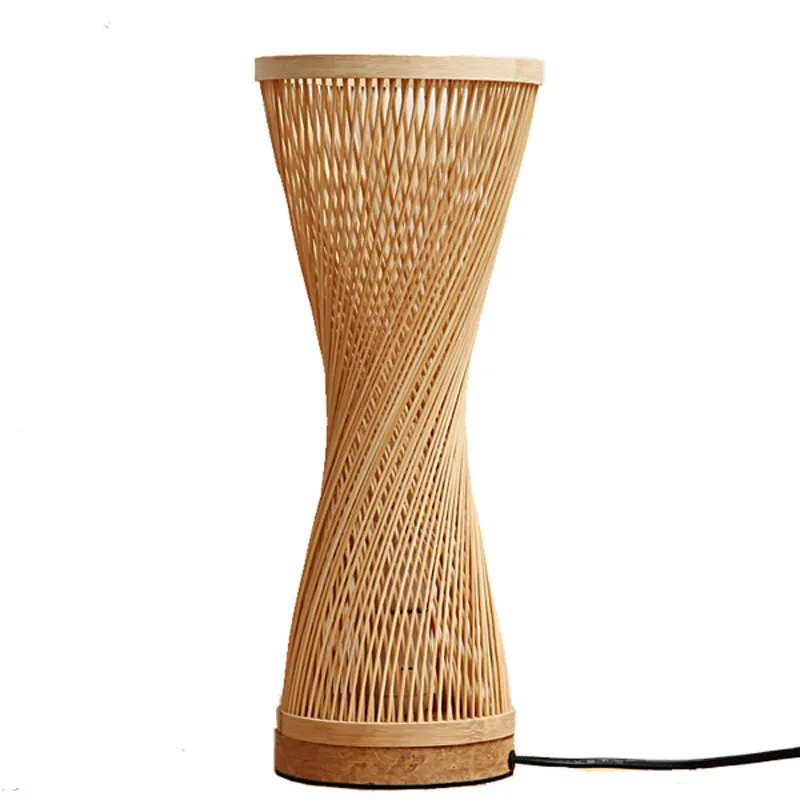 Creative Japanese bedside lamp with hand-woven bamboo shade, 17cm diameter, 40cm height, on a wooden table
