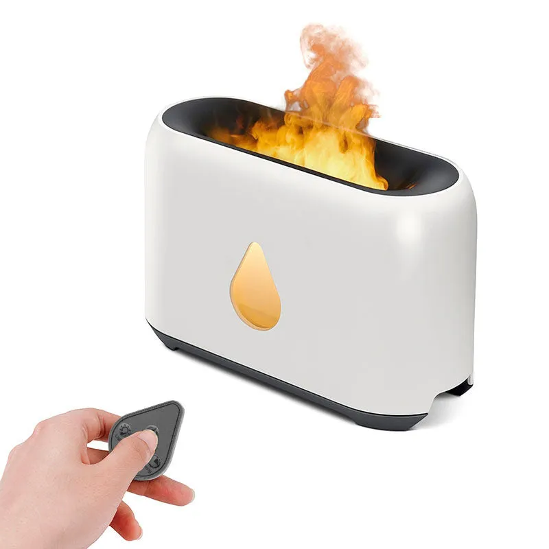 Two-colour 3D flame aroma diffuser humidifier on desk with USB cable, black and white options