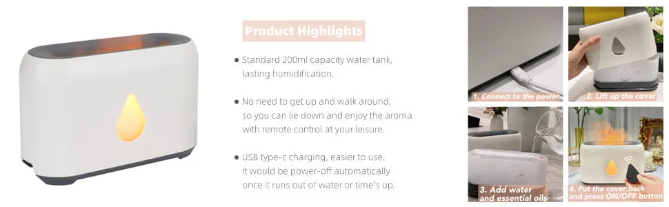 Two-colour 3D flame aroma diffuser humidifier on desk with USB cable, black and white options