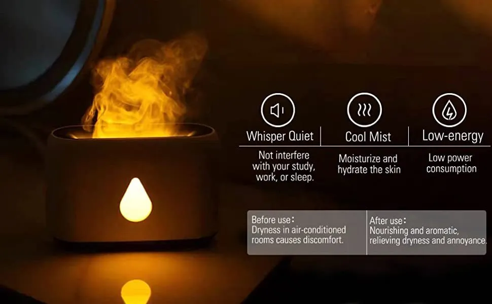 Two-colour 3D flame aroma diffuser humidifier on desk with USB cable, black and white options