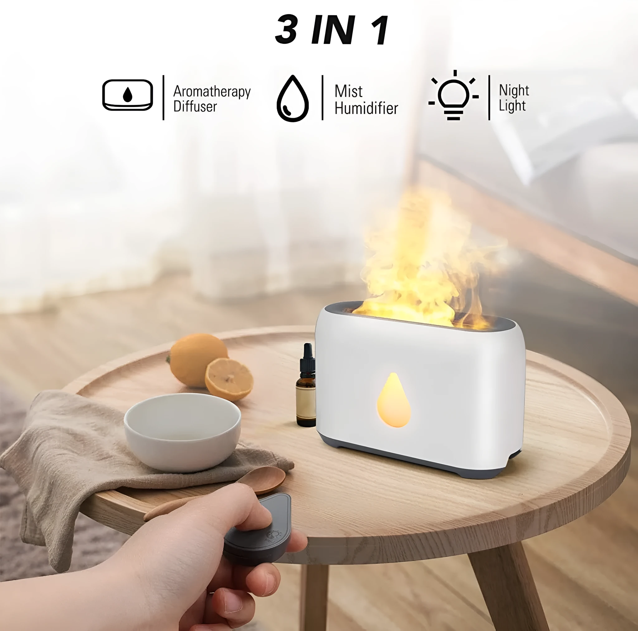 Two-colour 3D flame aroma diffuser humidifier on desk with USB cable, black and white options