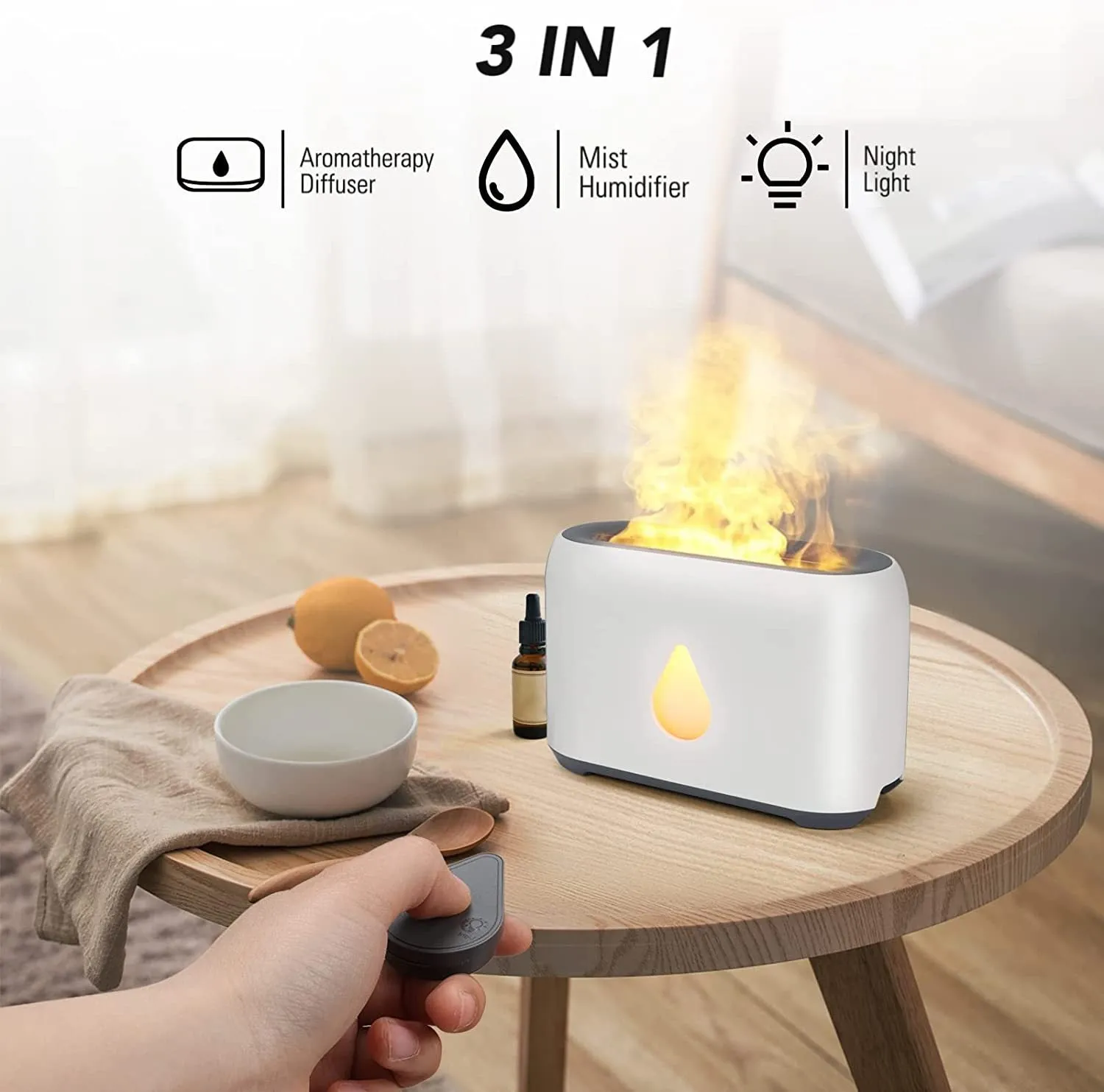 Two-colour 3D flame aroma diffuser humidifier on desk with USB cable, black and white options