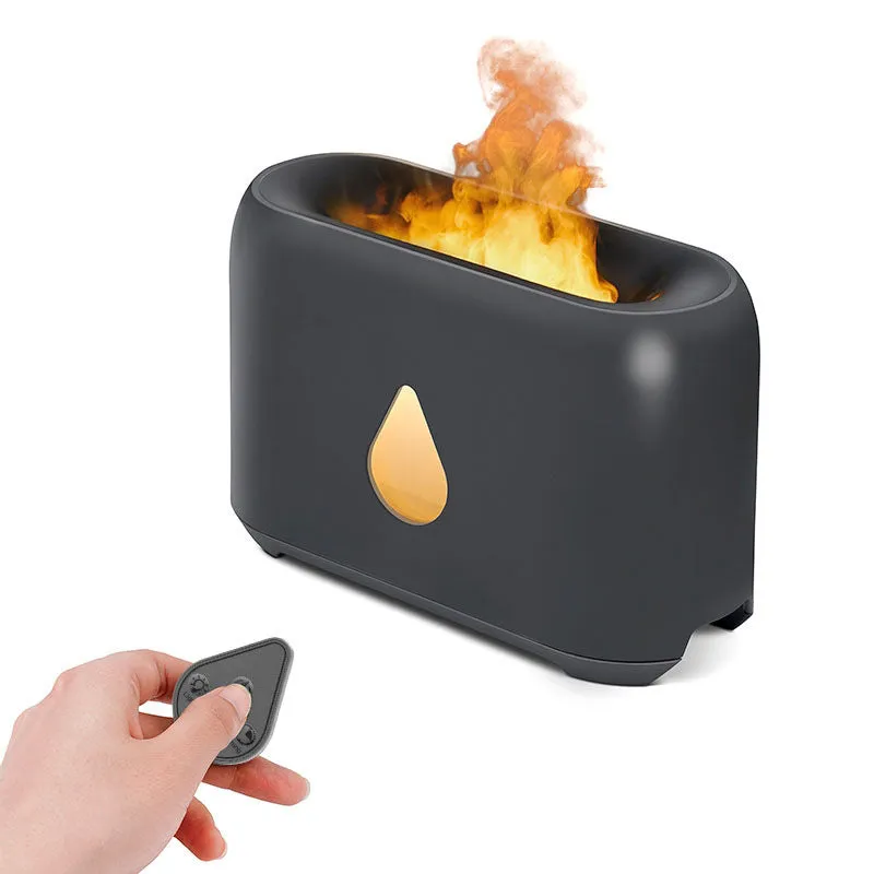 Two-colour 3D flame aroma diffuser humidifier on desk with USB cable, black and white options
