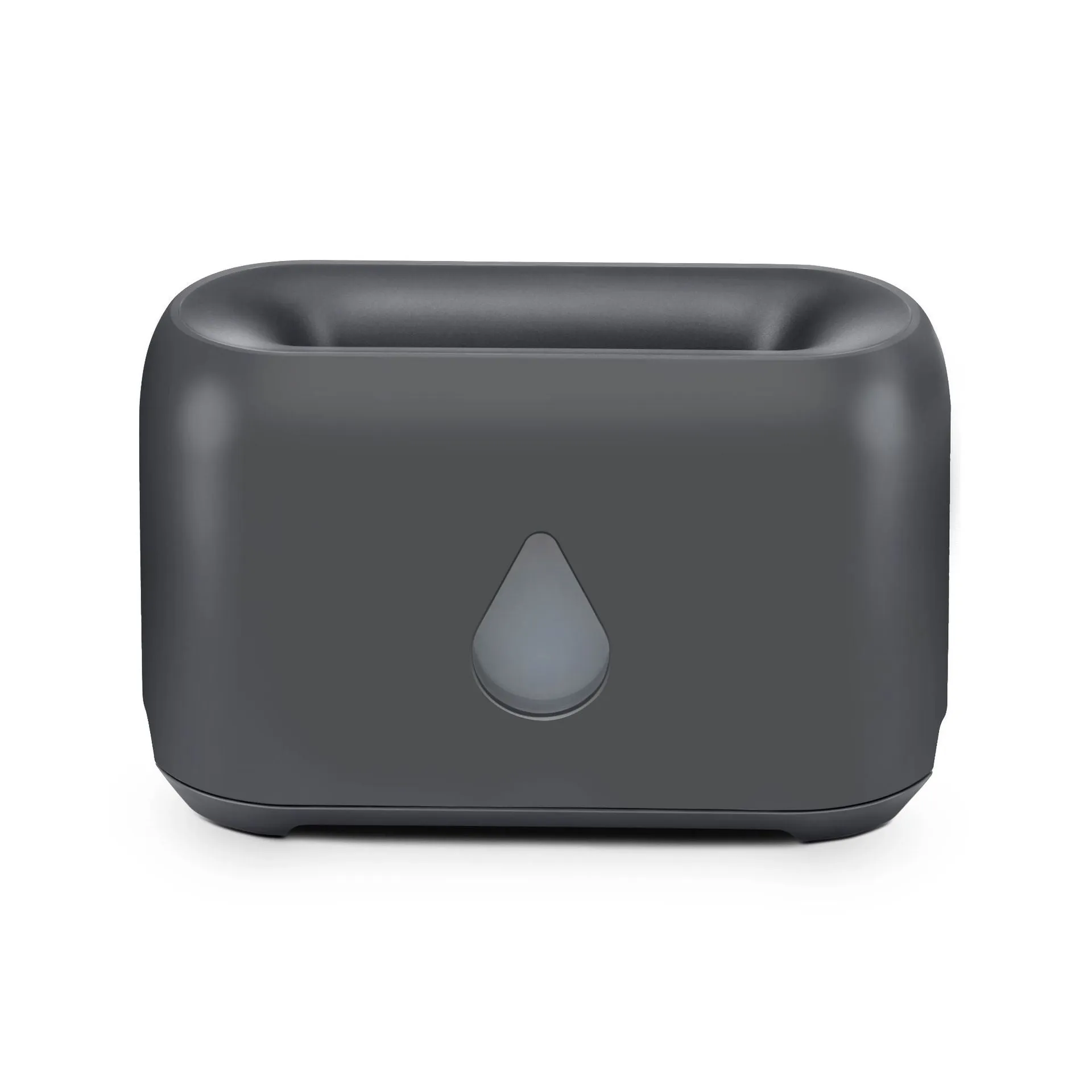 Two-colour 3D flame aroma diffuser humidifier on desk with USB cable, black and white options