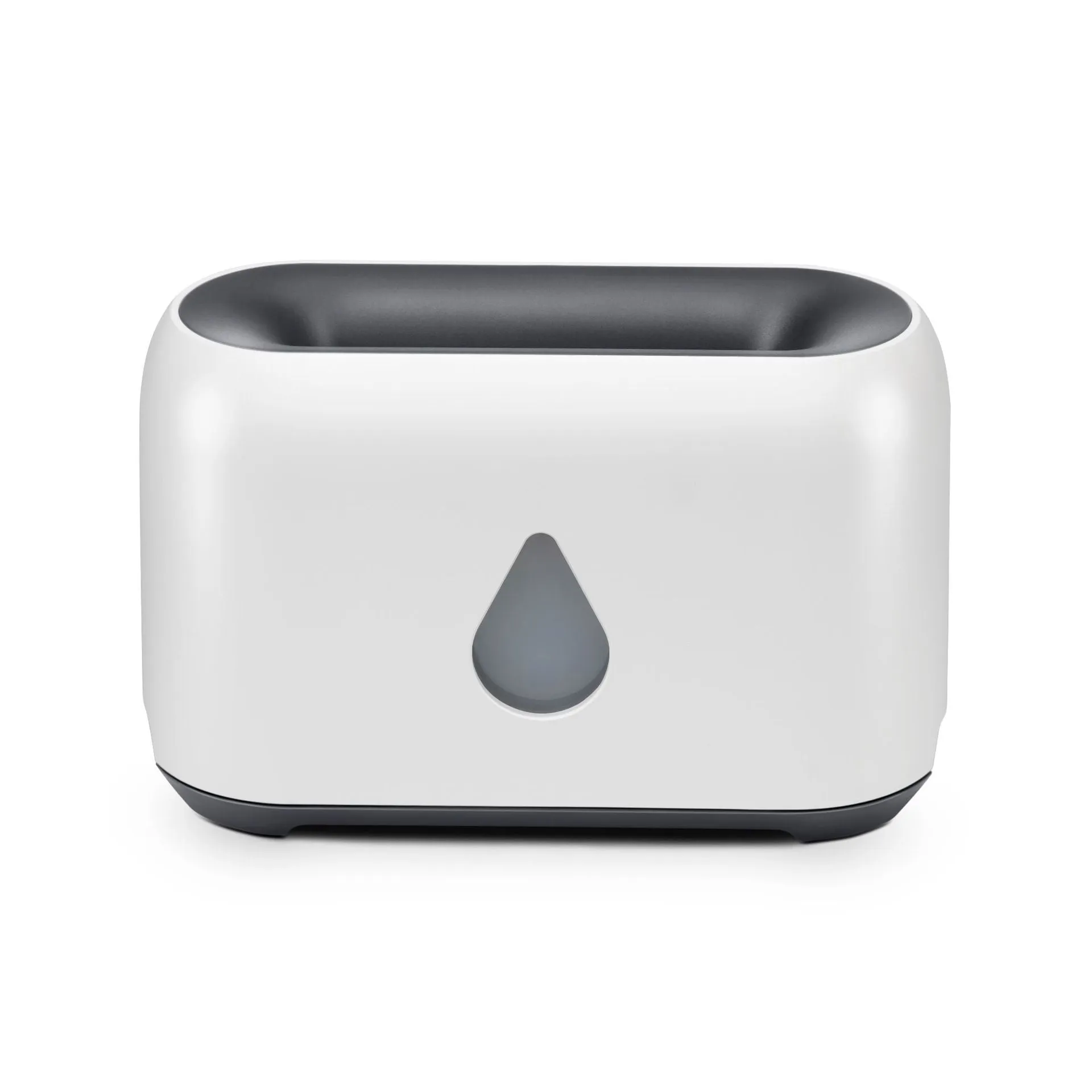 Two-colour 3D flame aroma diffuser humidifier on desk with USB cable, black and white options