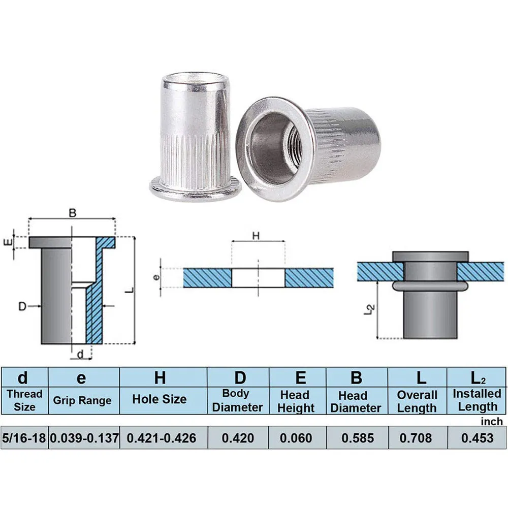 304 stainless steel flat head threaded rivet nut with 5/16-18 UNC thread